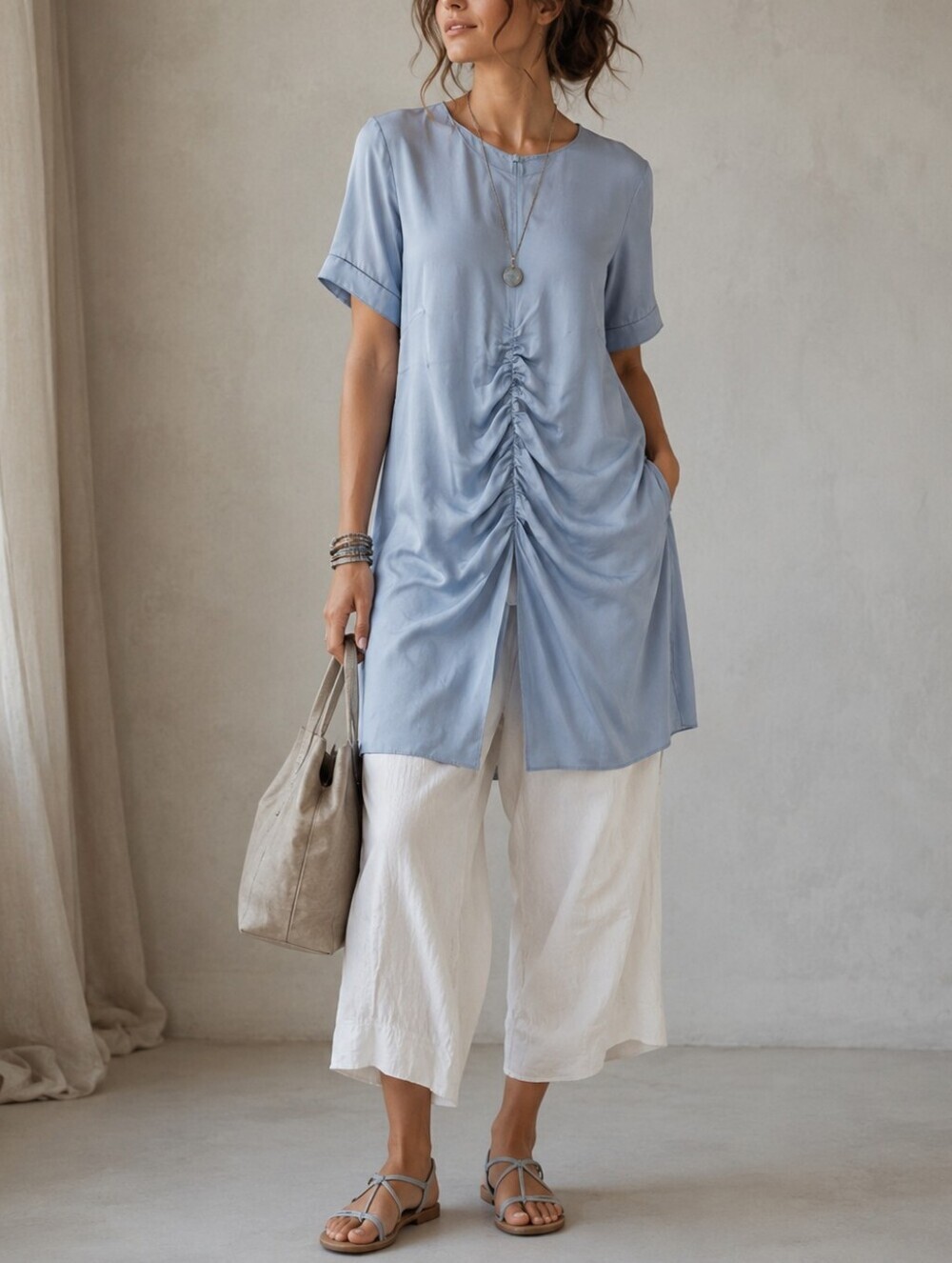 ZARA Refined Lagenlook Satin Powder Blu Tunic, Minimalist Effortless Chic, Nwt S